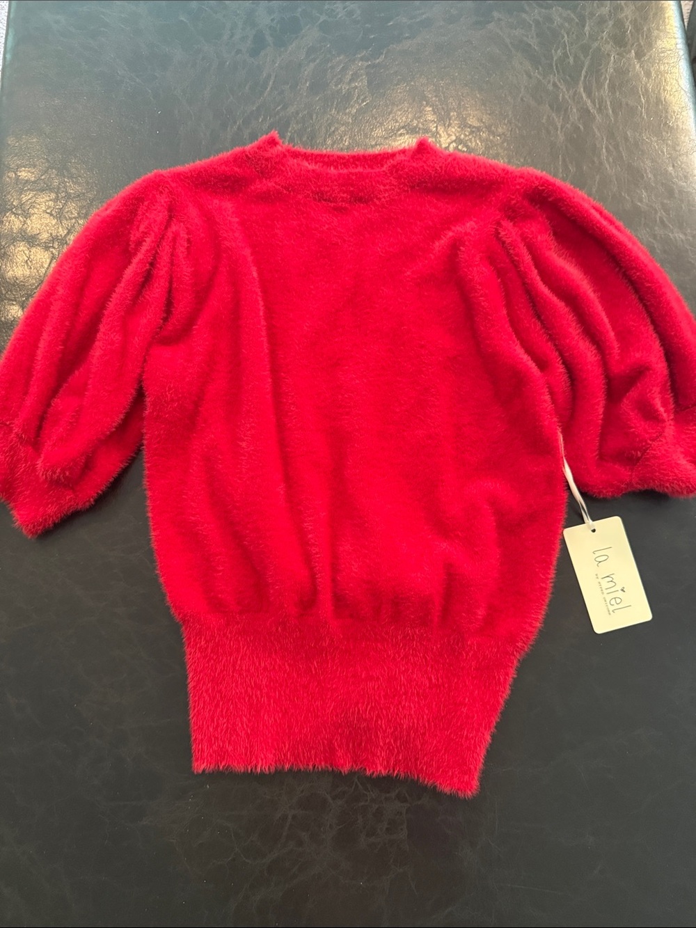 LA MIEL Red Fuzzy Puff-Sleeve Crewneck Sweater